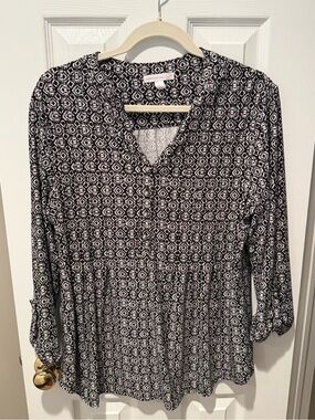 Westport 1962 Black White Geometric Peasant Tunic Blouse Large